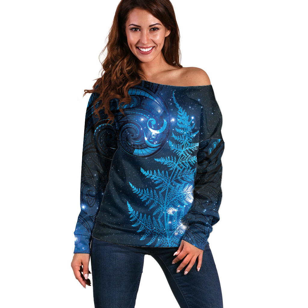 New Zealand Matariki Off Shoulder Sweater Blue Milky Way Stars Night Sky LT9 Women Blue - Polynesian Pride