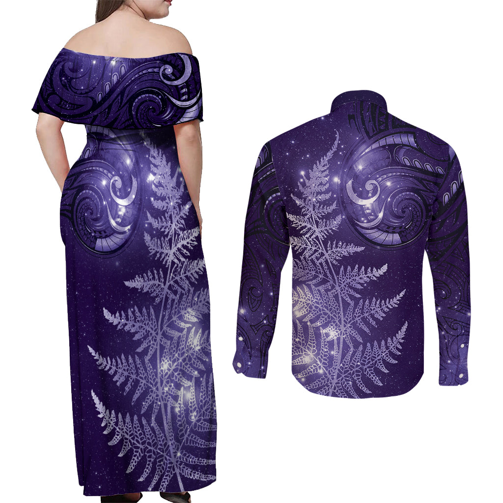 New Zealand Matariki Couples Matching Off Shoulder Maxi Dress and Long Sleeve Button Shirt Purple Milky Way Stars Night Sky