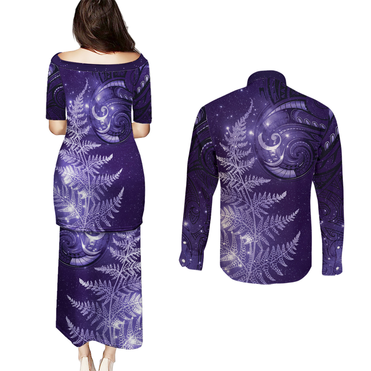 New Zealand Matariki Couples Matching Puletasi and Long Sleeve Button Shirt Purple Milky Way Stars Night Sky