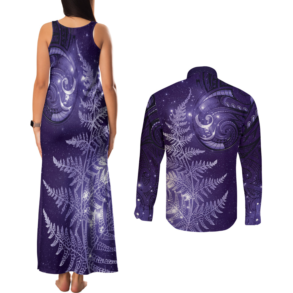New Zealand Matariki Couples Matching Tank Maxi Dress and Long Sleeve Button Shirt Purple Milky Way Stars Night Sky