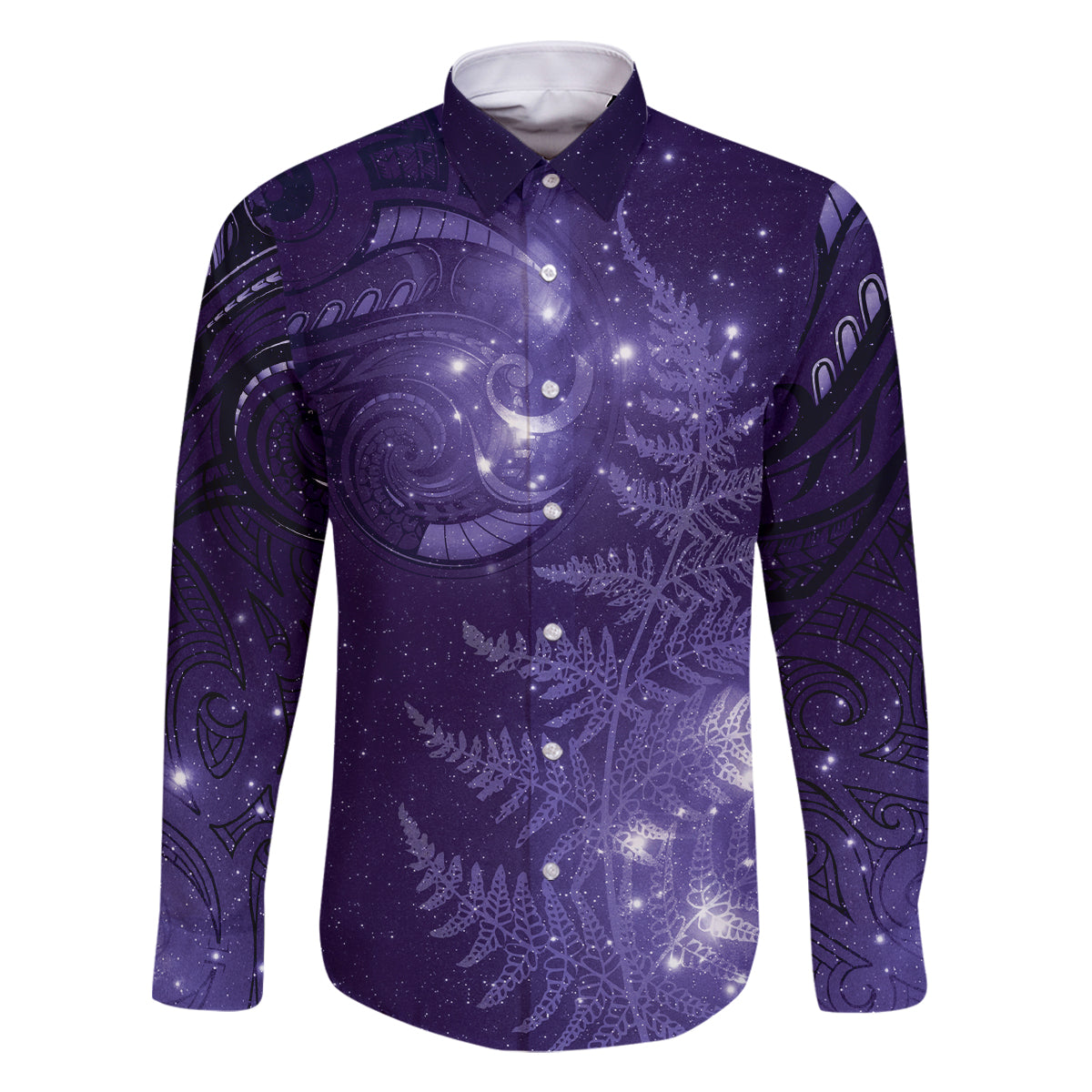 New Zealand Matariki Family Matching Off The Shoulder Long Sleeve Dress and Hawaiian Shirt Purple Milky Way Stars Night Sky LT9 Dad's Shirt - Long Sleeve Purple - Polynesian Pride