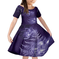 New Zealand Matariki Family Matching Short Sleeve Bodycon Dress and Hawaiian Shirt Purple Milky Way Stars Night Sky LT9 Daughter's Dress Purple - Polynesian Pride
