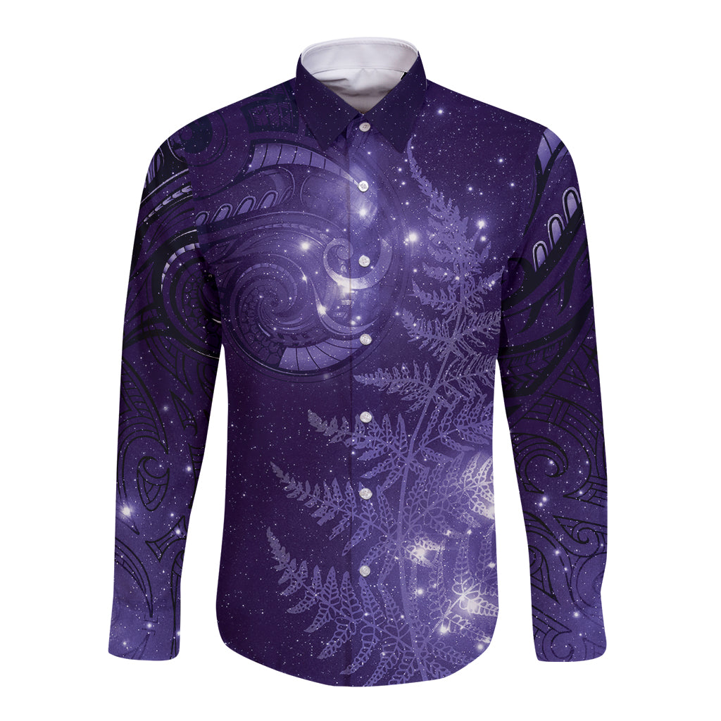 New Zealand Matariki Long Sleeve Button Shirt Purple Milky Way Stars Night Sky