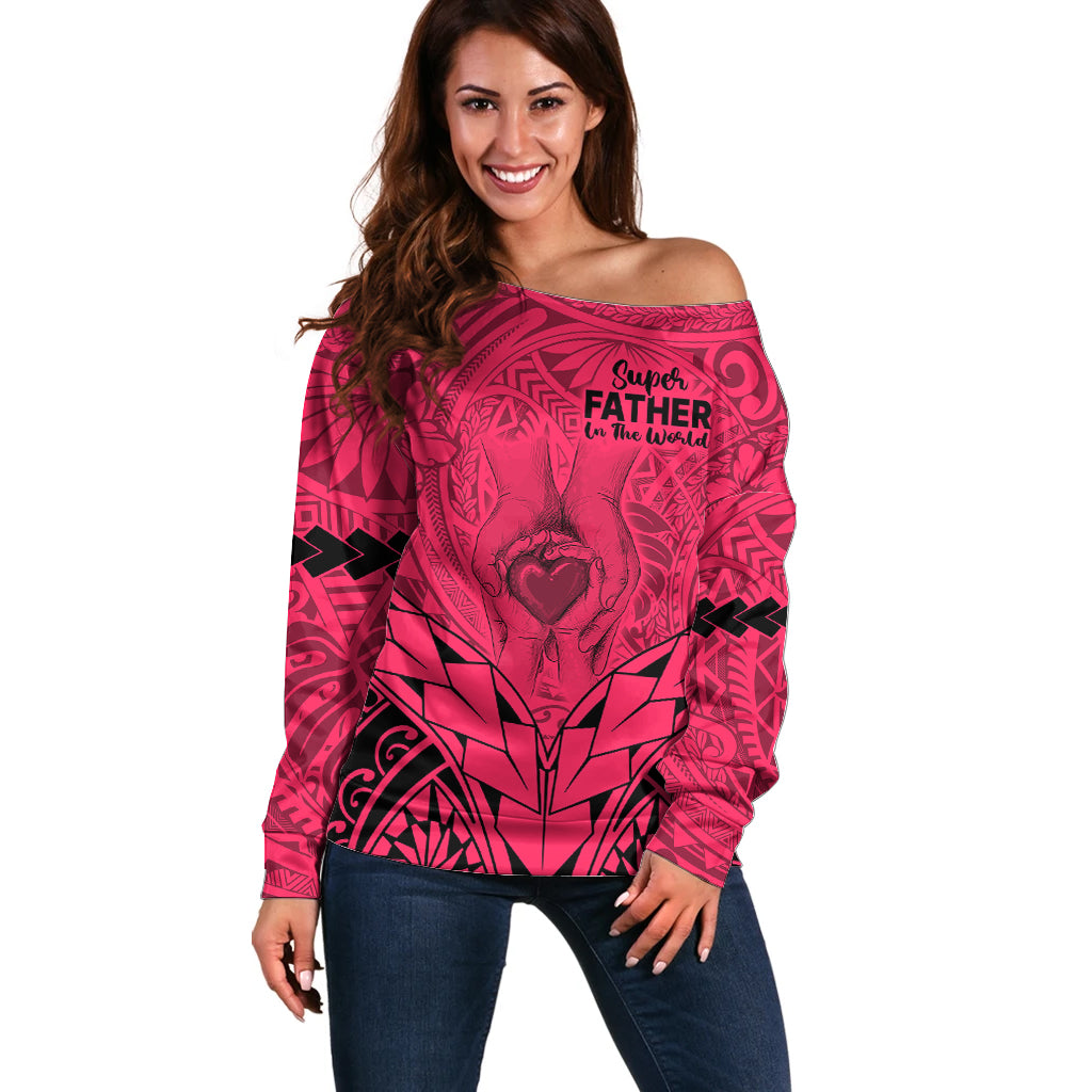 Personalised Polynesian Father's Day Gift For Dad Off Shoulder Sweater Super Father In The World - Pink Polynesian Pattern LT9 Women Pink - Polynesian Pride
