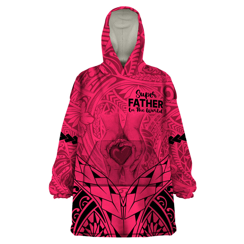 Personalised Polynesian Father's Day Gift For Dad Wearable Blanket Hoodie Super Father In The World - Pink Polynesian Pattern LT9 One Size Pink - Polynesian Pride