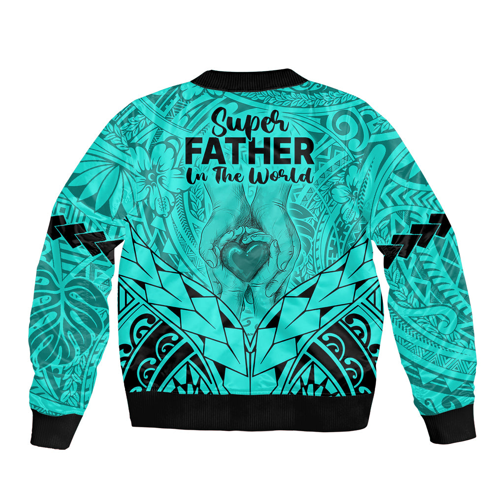 Polynesian Father's Day Gift For Dad Sleeve Zip Bomber Jacket Super Father In The World - Turquoise Polynesian Pattern LT9 - Polynesian Pride