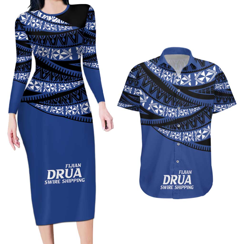 Fiji Rugby Pacific Custom Couples Matching Long Sleeve Bodycon Dress and Hawaiian Shirt Pasifika Tapa Pattern