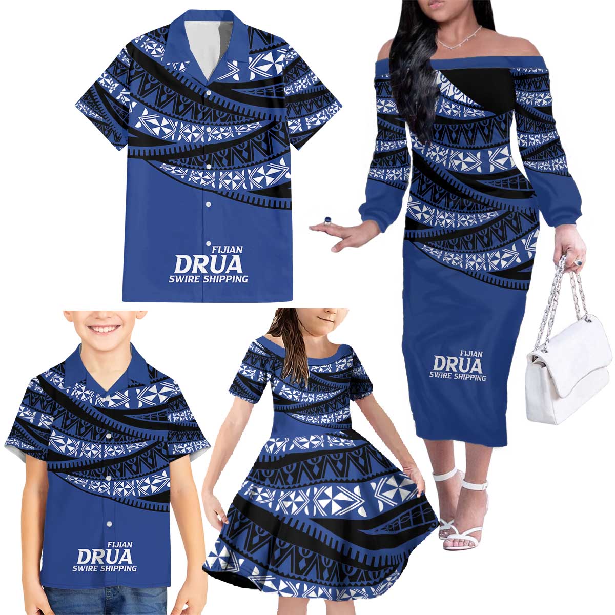 Fiji Rugby Pacific Custom Family Matching Off The Shoulder Long Sleeve Dress and Hawaiian Shirt Pasifika Tapa Pattern