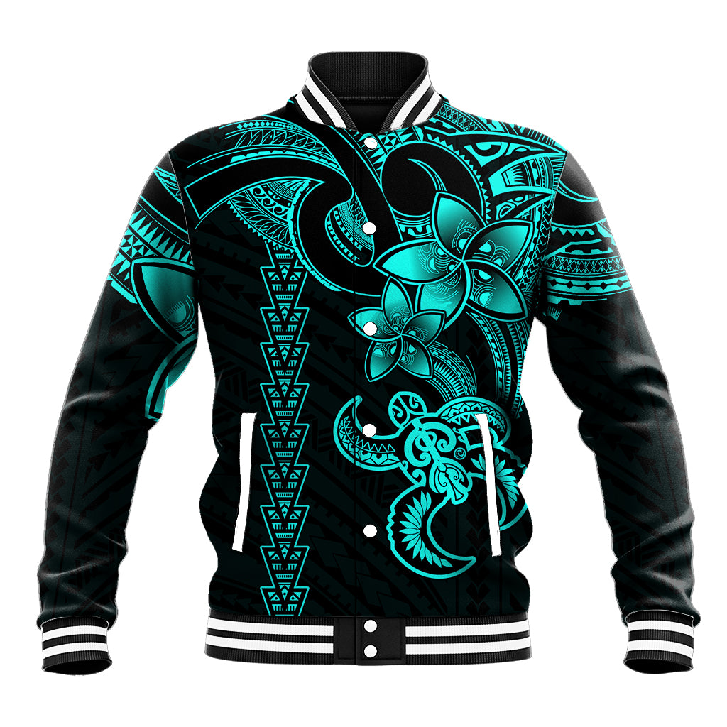 Hawaiian Tribal Baseball Jacket Polynesian Kakau Turtle - Aqua LT9 Unisex Aqua - Polynesian Pride