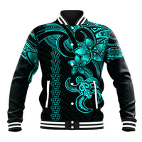 Hawaiian Tribal Baseball Jacket Polynesian Kakau Turtle - Aqua LT9 Unisex Aqua - Polynesian Pride