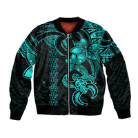 Hawaiian Tribal Sleeve Zip Bomber Jacket Polynesian Kakau Turtle - Aqua LT9 Unisex Aqua - Polynesian Pride