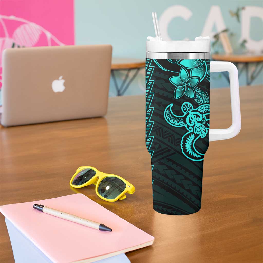 Aqua Hawaiian Kakau Turtle Tumbler With Handle Polynesian Tribal