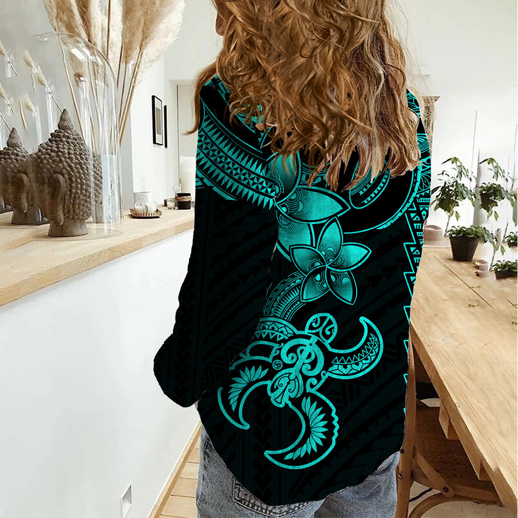 Hawaiian Tribal Women Casual Shirt Polynesian Kakau Turtle - Aqua LT9 - Polynesian Pride