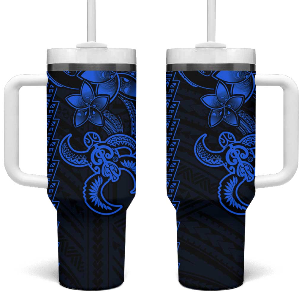 Blue Hawaiian Kakau Turtle Tumbler With Handle Polynesian Tribal