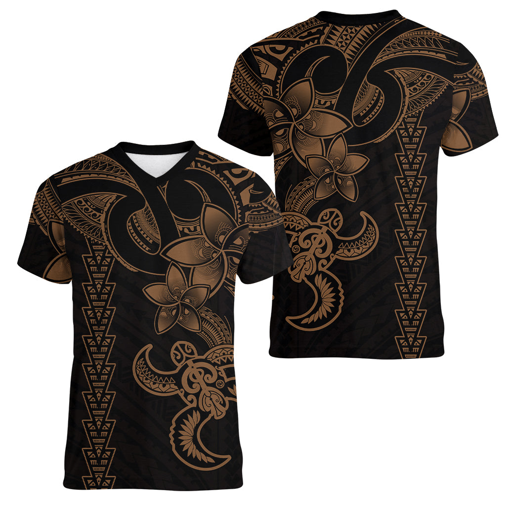 Hawaiian Tribal Women V Neck T Shirt Polynesian Kakau Turtle - Gold LT9 - Polynesian Pride