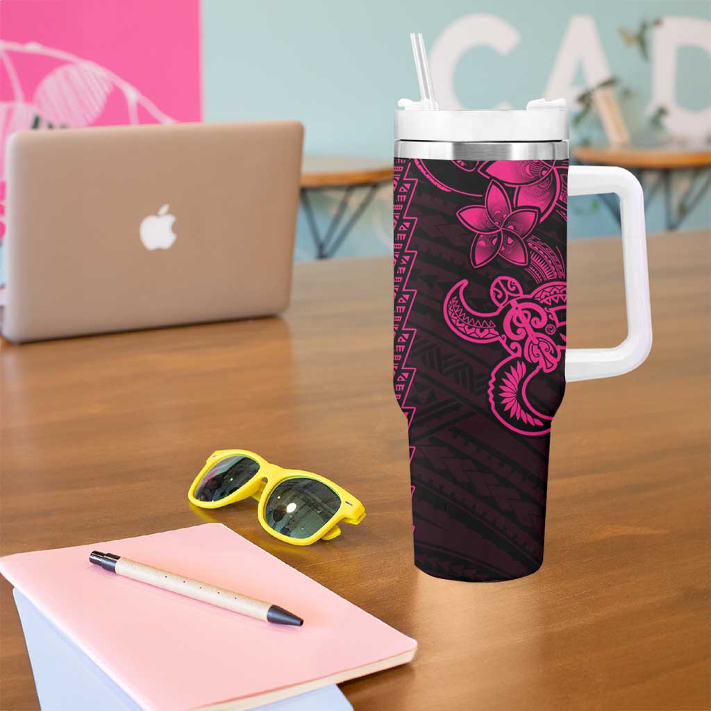 Pink Hawaiian Kakau Turtle Tumbler With Handle Polynesian Tribal