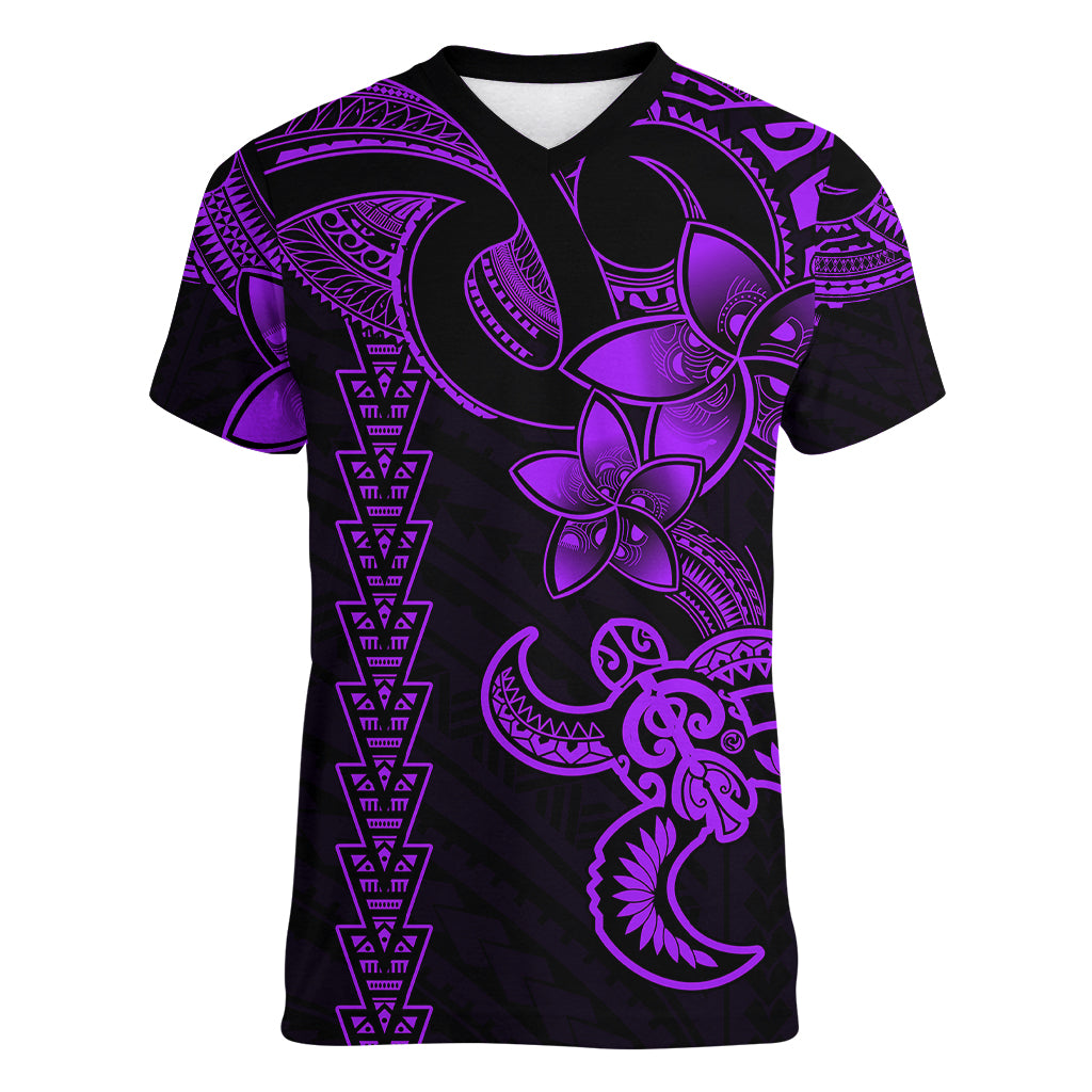 Hawaiian Tribal Women V Neck T Shirt Polynesian Kakau Turtle - Purple LT9 Female Purple - Polynesian Pride