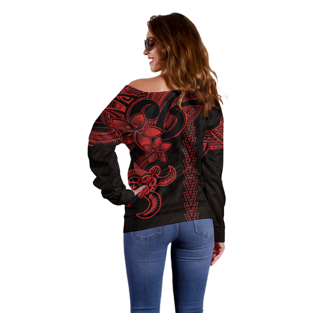Hawaiian Tribal Off Shoulder Sweater Polynesian Kakau Turtle - Red LT9 - Polynesian Pride