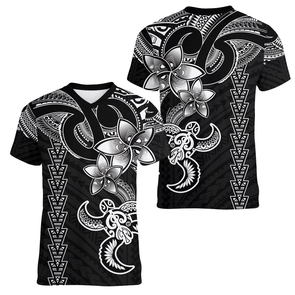 Hawaiian Tribal Women V Neck T Shirt Polynesian Kakau Turtle - White LT9 - Polynesian Pride