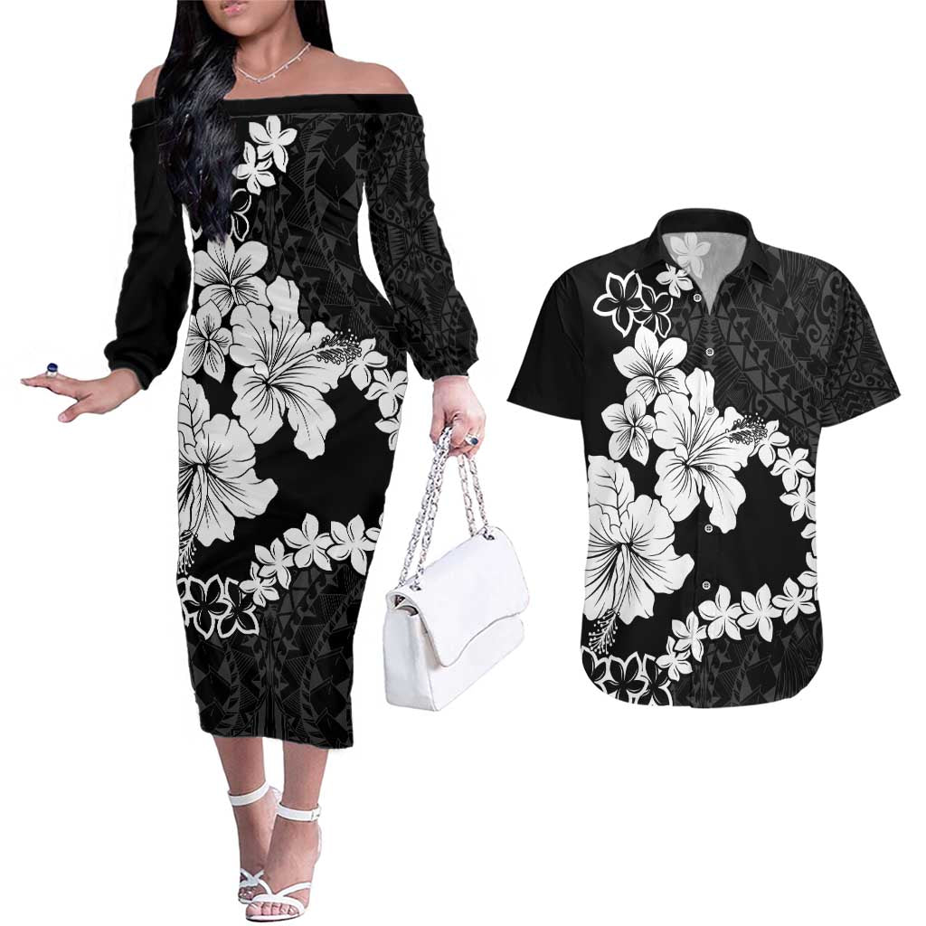 American Samoa Lotu Tamaiti Couples Matching Off The Shoulder Long Sleeve Dress and Hawaiian Shirt White Sunday Plumeria Black Vibe