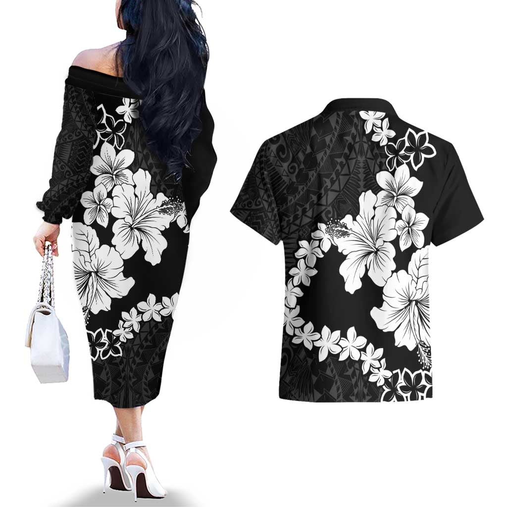 American Samoa Lotu Tamaiti Couples Matching Off The Shoulder Long Sleeve Dress and Hawaiian Shirt White Sunday Plumeria Black Vibe