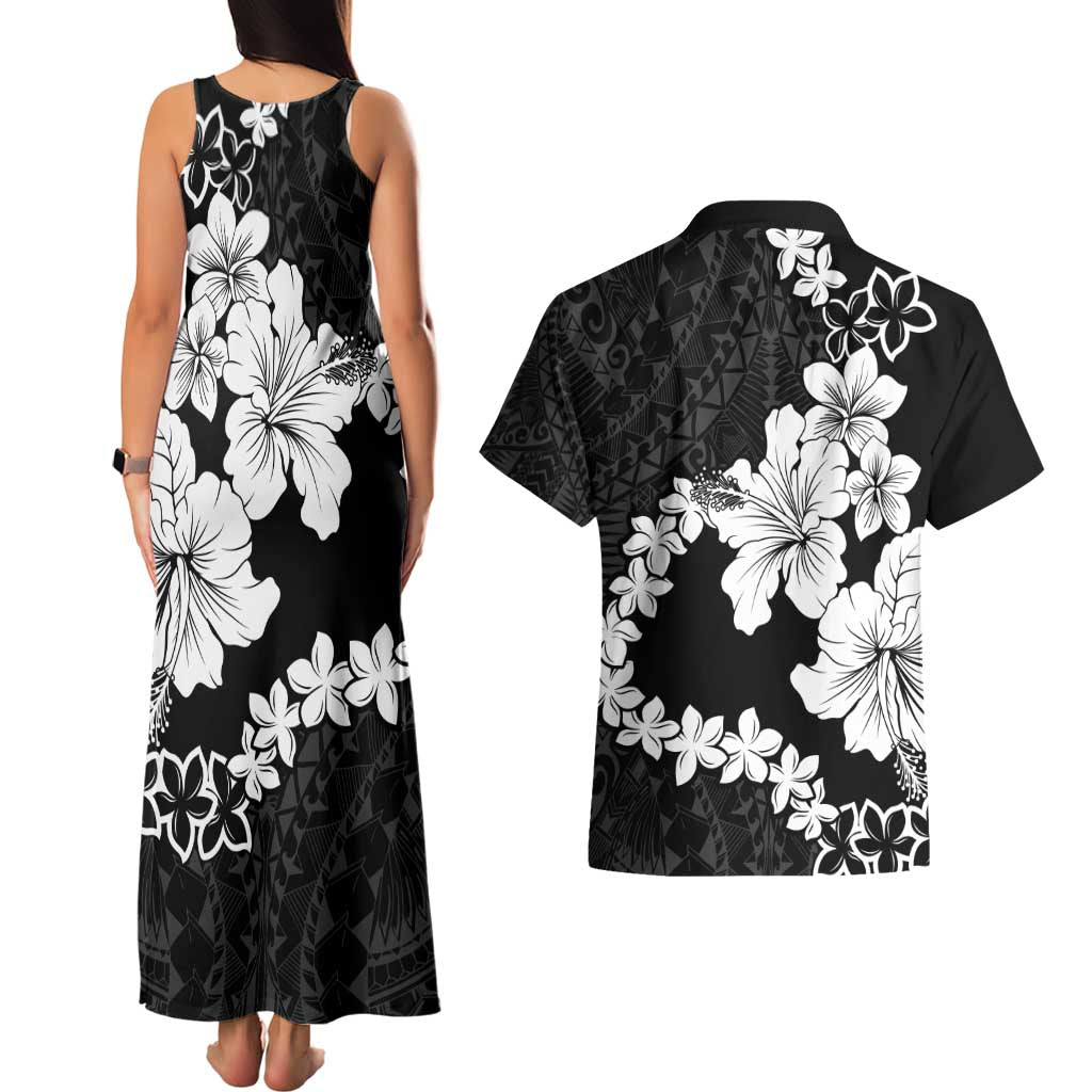 American Samoa Lotu Tamaiti Couples Matching Tank Maxi Dress and Hawaiian Shirt White Sunday Plumeria Black Vibe