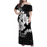 American Samoa Lotu Tamaiti Family Matching Off Shoulder Maxi Dress and Hawaiian Shirt White Sunday Plumeria Black Vibe