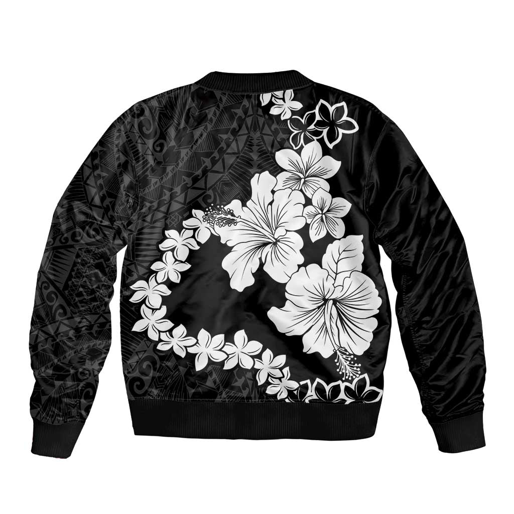 American Samoa Lotu Tamaiti Sleeve Zip Bomber Jacket White Sunday Plumeria Black Vibe