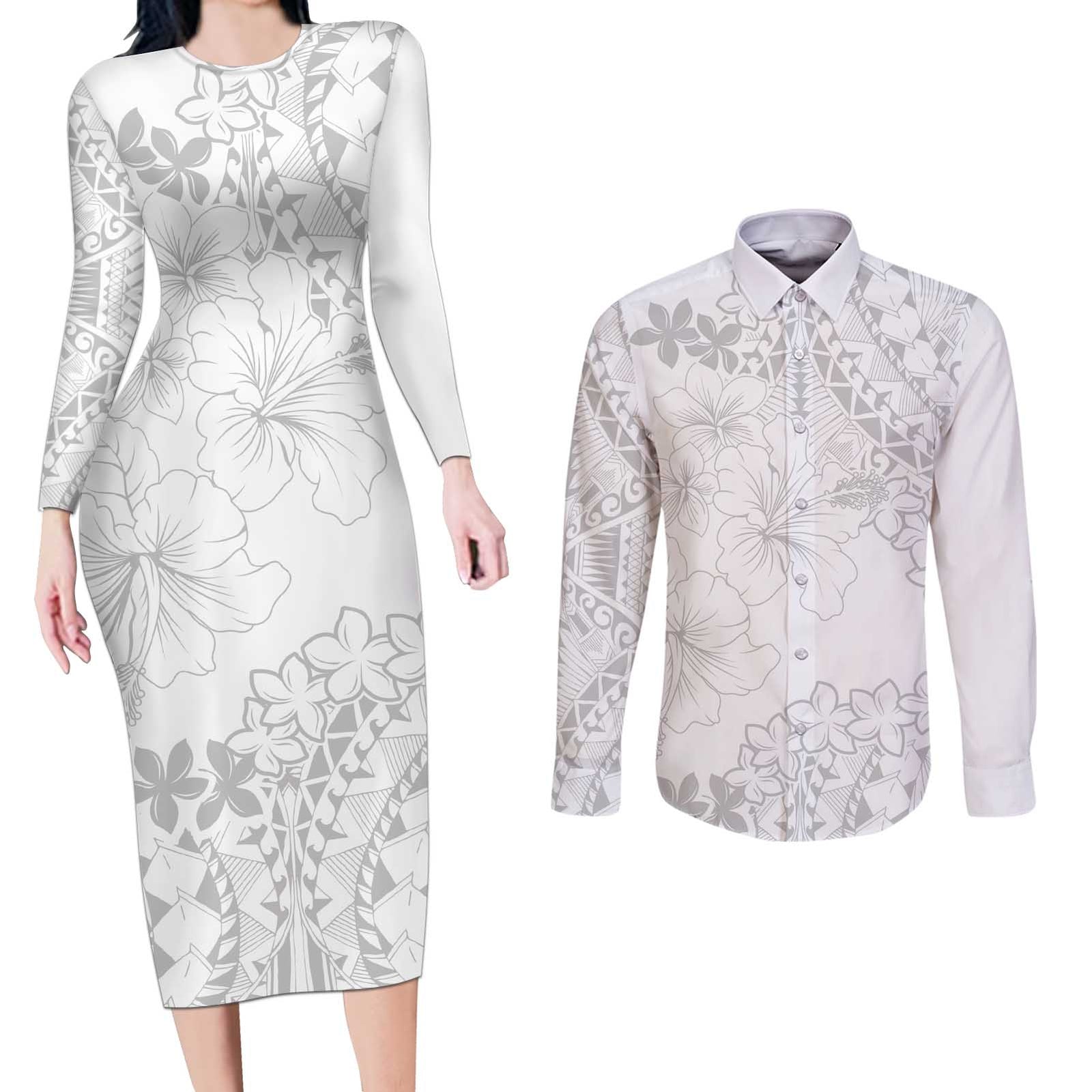 American Samoa Lotu Tamaiti Couples Matching Long Sleeve Bodycon Dress and Long Sleeve Button Shirt White Sunday Plumeria White Vibe