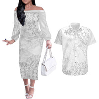 American Samoa Lotu Tamaiti Couples Matching Off The Shoulder Long Sleeve Dress and Hawaiian Shirt White Sunday Plumeria White Vibe