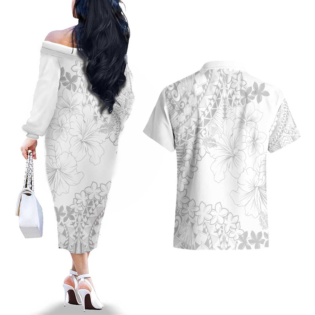 American Samoa Lotu Tamaiti Couples Matching Off The Shoulder Long Sleeve Dress and Hawaiian Shirt White Sunday Plumeria White Vibe