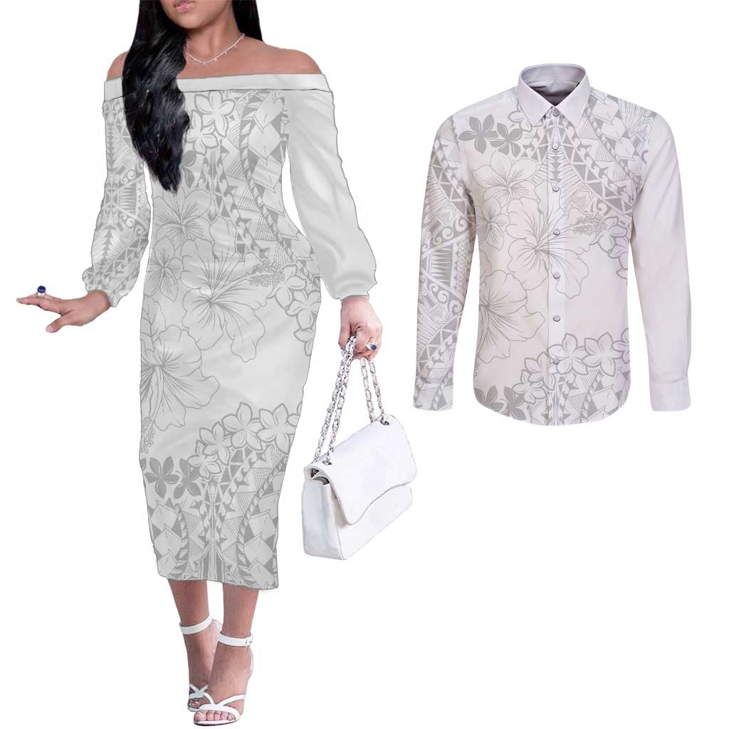 American Samoa Lotu Tamaiti Couples Matching Off The Shoulder Long Sleeve Dress and Long Sleeve Button Shirt White Sunday Plumeria White Vibe