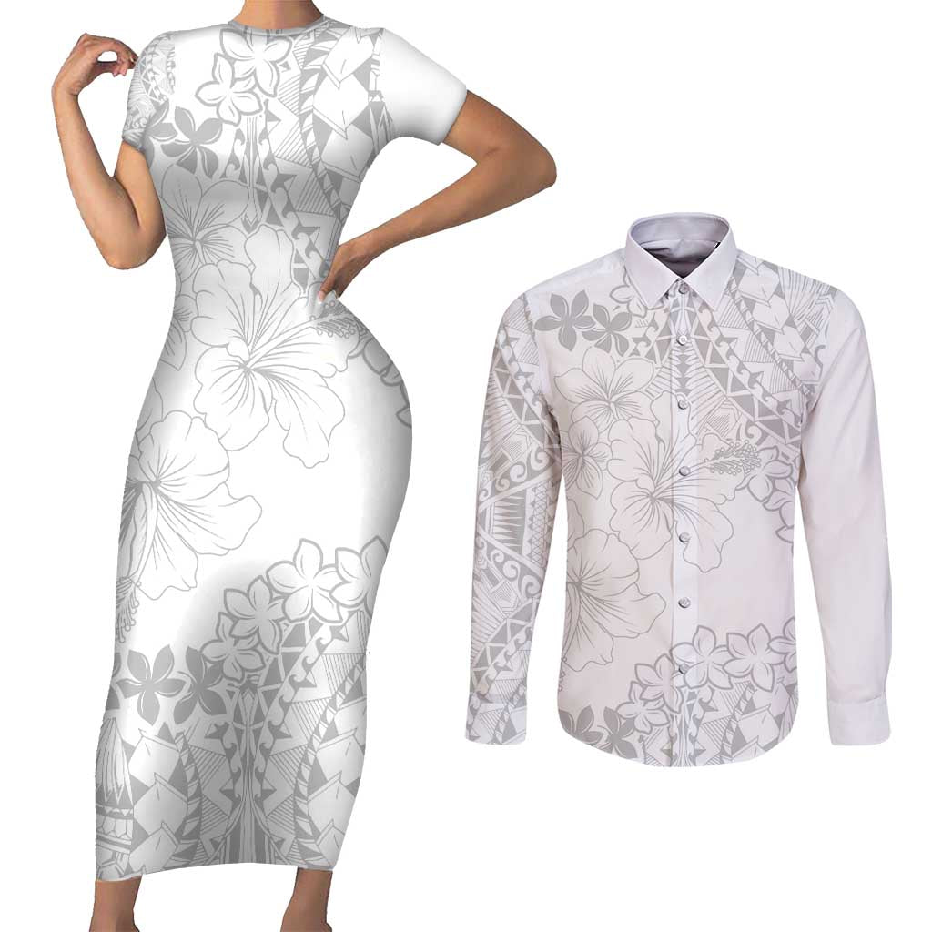 American Samoa Lotu Tamaiti Couples Matching Short Sleeve Bodycon Dress and Long Sleeve Button Shirt White Sunday Plumeria White Vibe