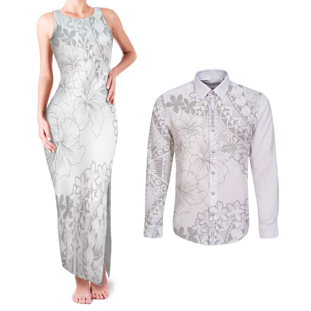 American Samoa Lotu Tamaiti Couples Matching Tank Maxi Dress and Long Sleeve Button Shirt White Sunday Plumeria White Vibe