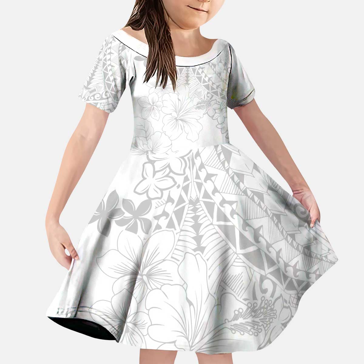 American Samoa Lotu Tamaiti Kid Short Sleeve Dress White Sunday Plumeria White Vibe