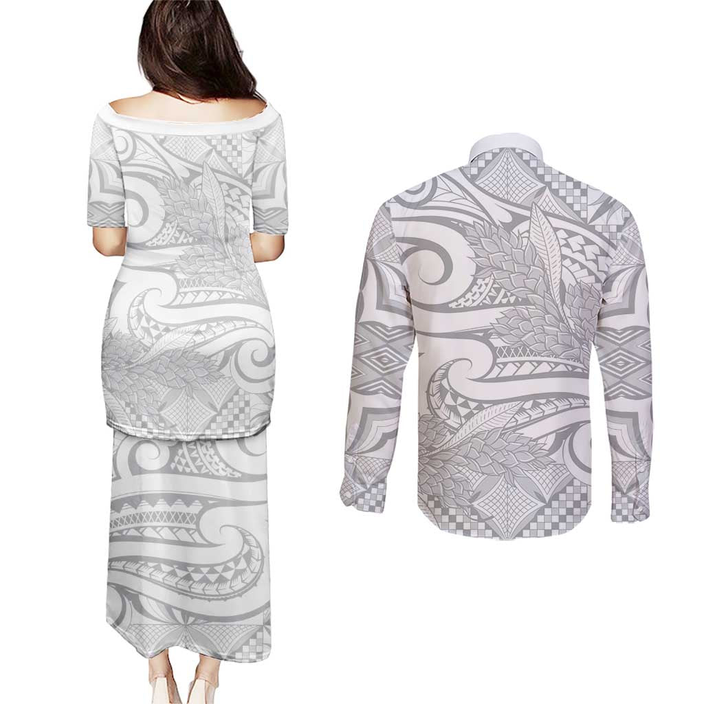 Lotu Tamaiti Samoa Siapo Couples Matching Puletasi and Long Sleeve Button Shirt White Sunday With Teuila Torch Ginger
