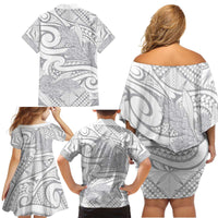 Lotu Tamaiti Samoa Siapo Family Matching Off Shoulder Short Dress and Hawaiian Shirt White Sunday With Teuila Torch Ginger