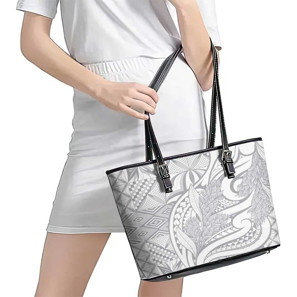 Lotu Tamaiti Samoa Siapo Leather Tote Bag White Sunday With Teuila Torch Ginger
