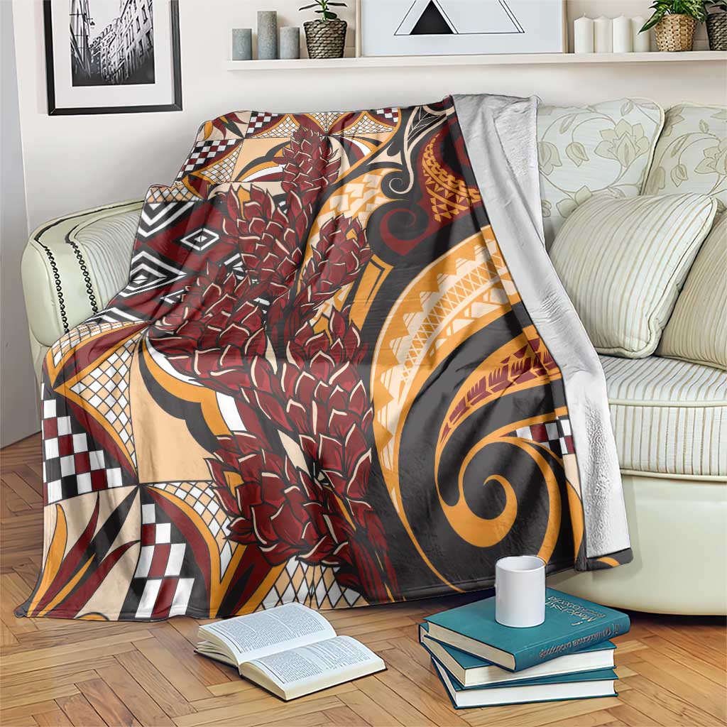 Vintage Samoa Siapo Blanket With Teuila Torch Ginger LT9 Art - Polynesian Pride