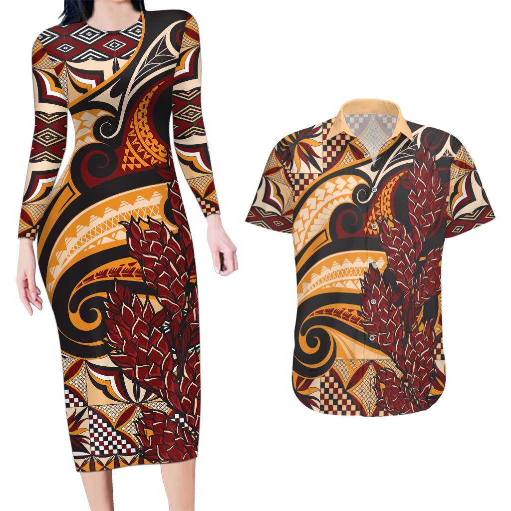 Vintage Samoa Siapo Couples Matching Long Sleeve Bodycon Dress and Hawaiian Shirt With Teuila Torch Ginger LT9 Art - Polynesian Pride