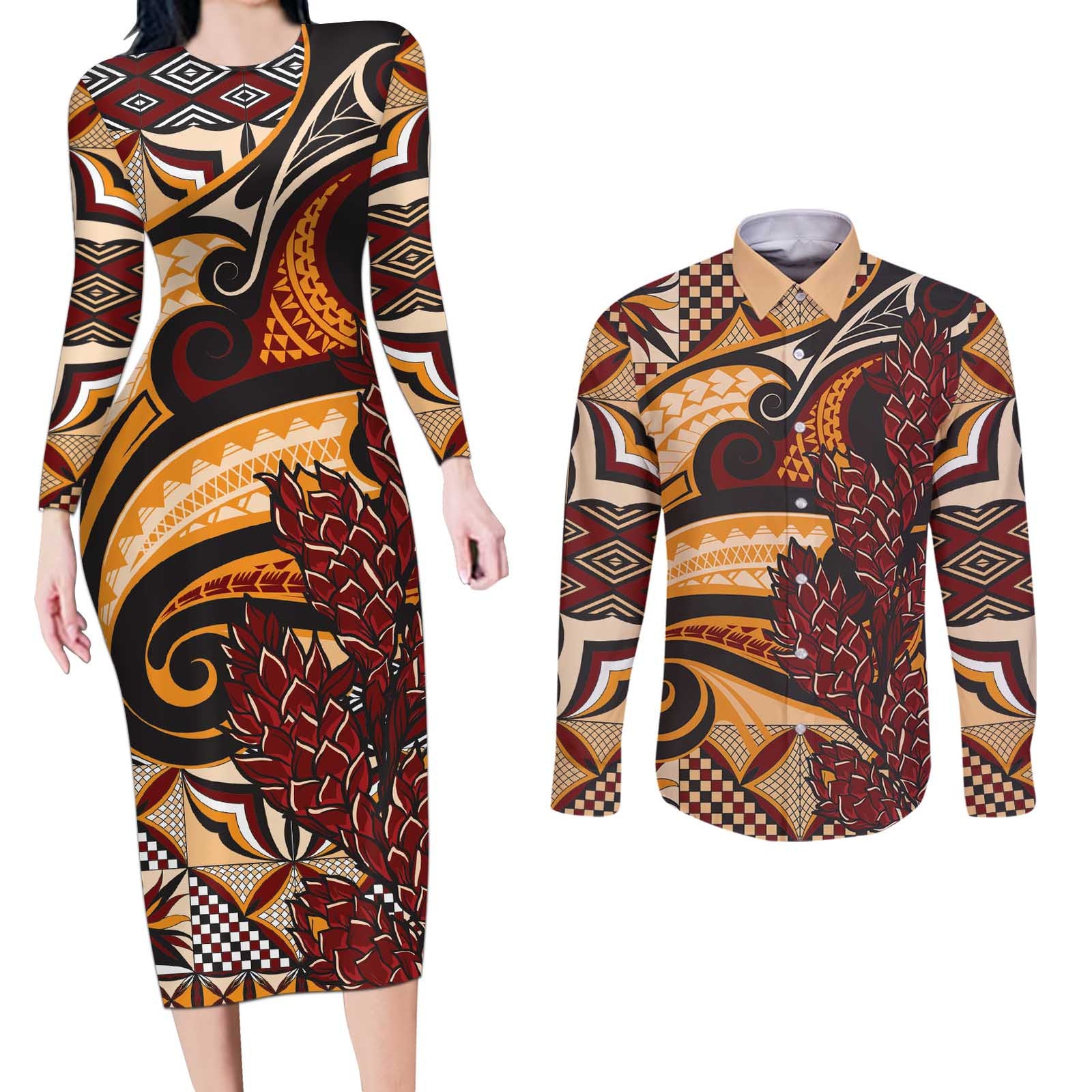 Vintage Samoa Siapo Couples Matching Long Sleeve Bodycon Dress and Long Sleeve Button Shirt With Teuila Torch Ginger LT9 Art - Polynesian Pride