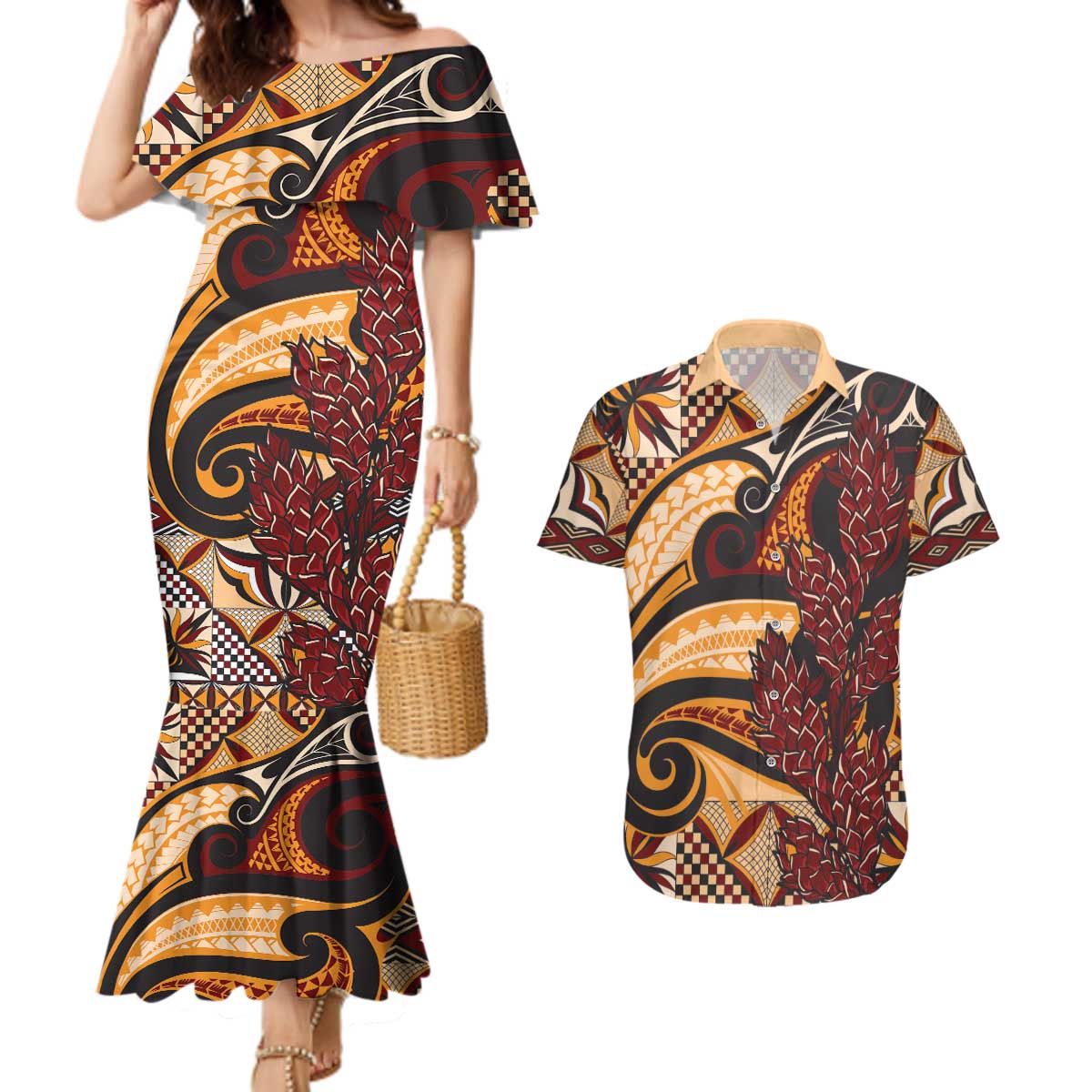 Vintage Samoa Siapo Couples Matching Mermaid Dress and Hawaiian Shirt With Teuila Torch Ginger LT9 Art - Polynesian Pride
