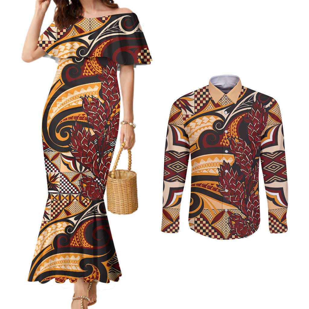 Vintage Samoa Siapo Couples Matching Mermaid Dress and Long Sleeve Button Shirt With Teuila Torch Ginger LT9 Art - Polynesian Pride