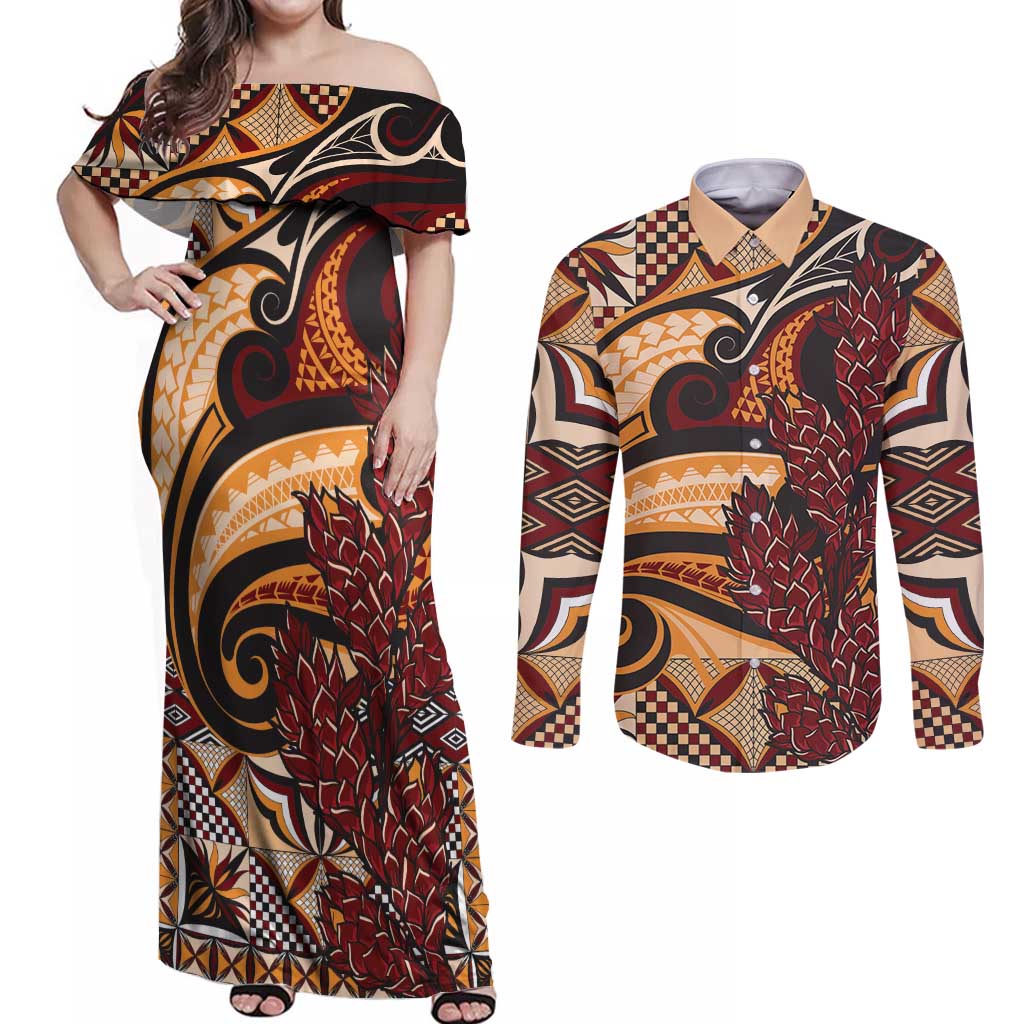 Vintage Samoa Siapo Couples Matching Off Shoulder Maxi Dress and Long Sleeve Button Shirt With Teuila Torch Ginger LT9 Art - Polynesian Pride
