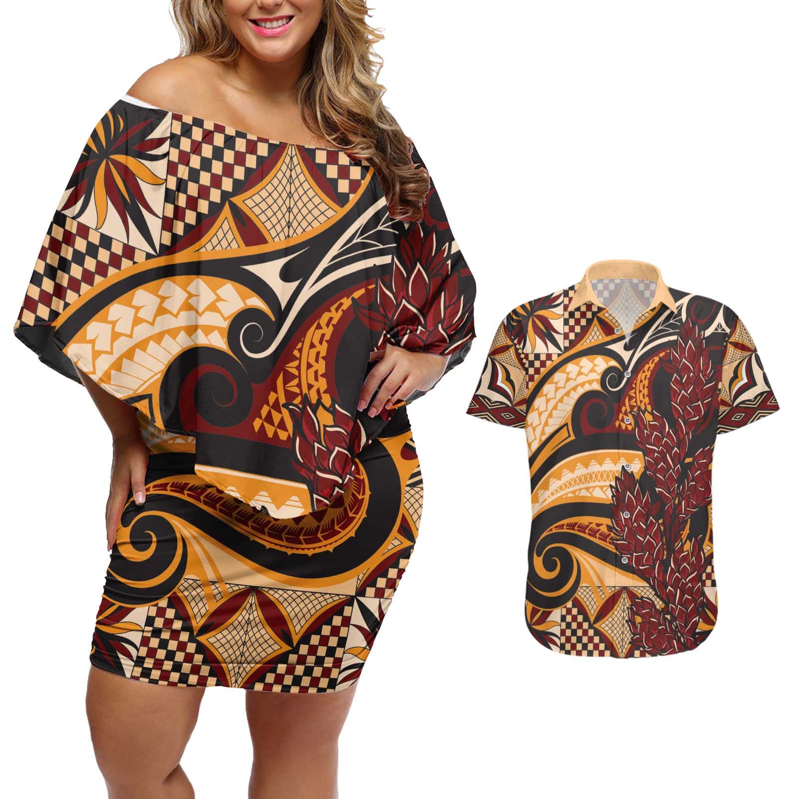 Vintage Samoa Siapo Couples Matching Off Shoulder Short Dress and Hawaiian Shirt With Teuila Torch Ginger LT9 Art - Polynesian Pride
