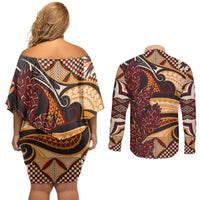 Vintage Samoa Siapo Couples Matching Off Shoulder Short Dress and Long Sleeve Button Shirt With Teuila Torch Ginger