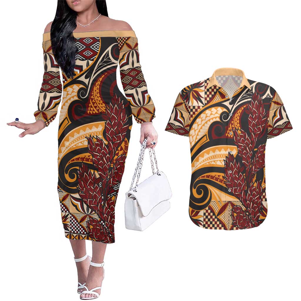 Vintage Samoa Siapo Couples Matching Off The Shoulder Long Sleeve Dress and Hawaiian Shirt With Teuila Torch Ginger LT9 Art - Polynesian Pride