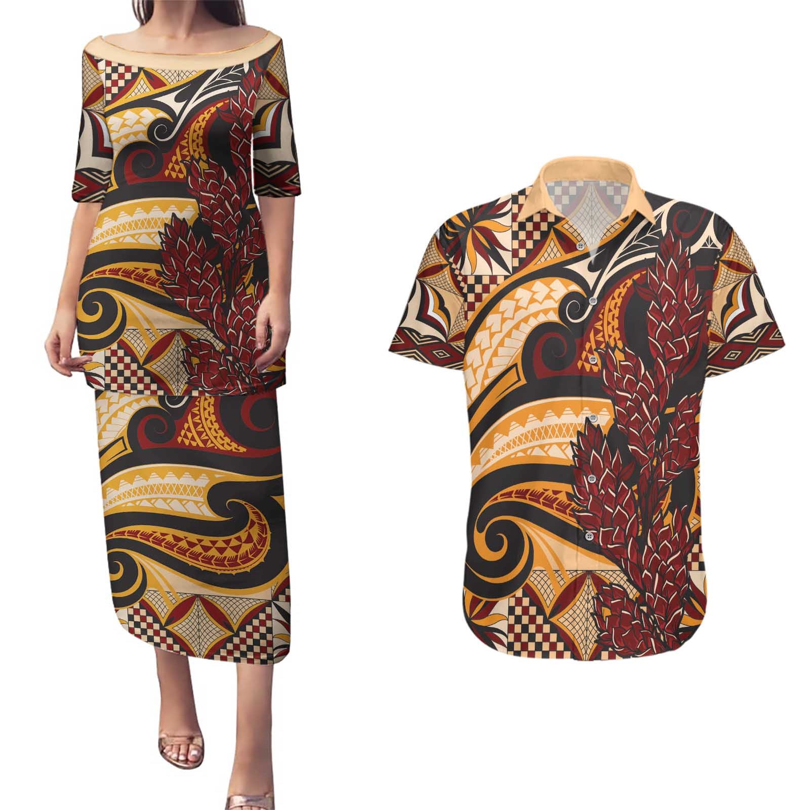 Vintage Samoa Siapo Couples Matching Puletasi and Hawaiian Shirt With Teuila Torch Ginger LT9 Art - Polynesian Pride