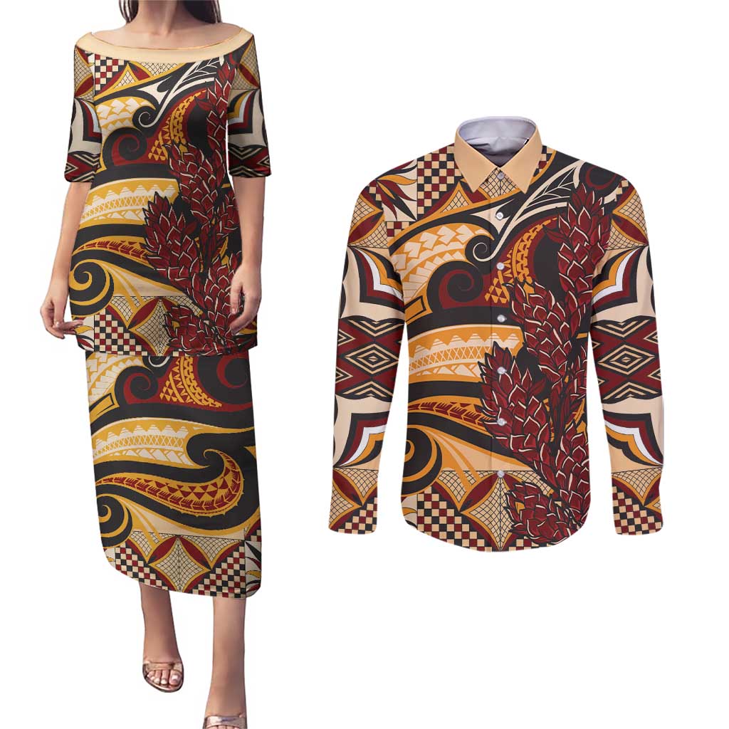 Vintage Samoa Siapo Couples Matching Puletasi and Long Sleeve Button Shirt With Teuila Torch Ginger LT9 Art - Polynesian Pride