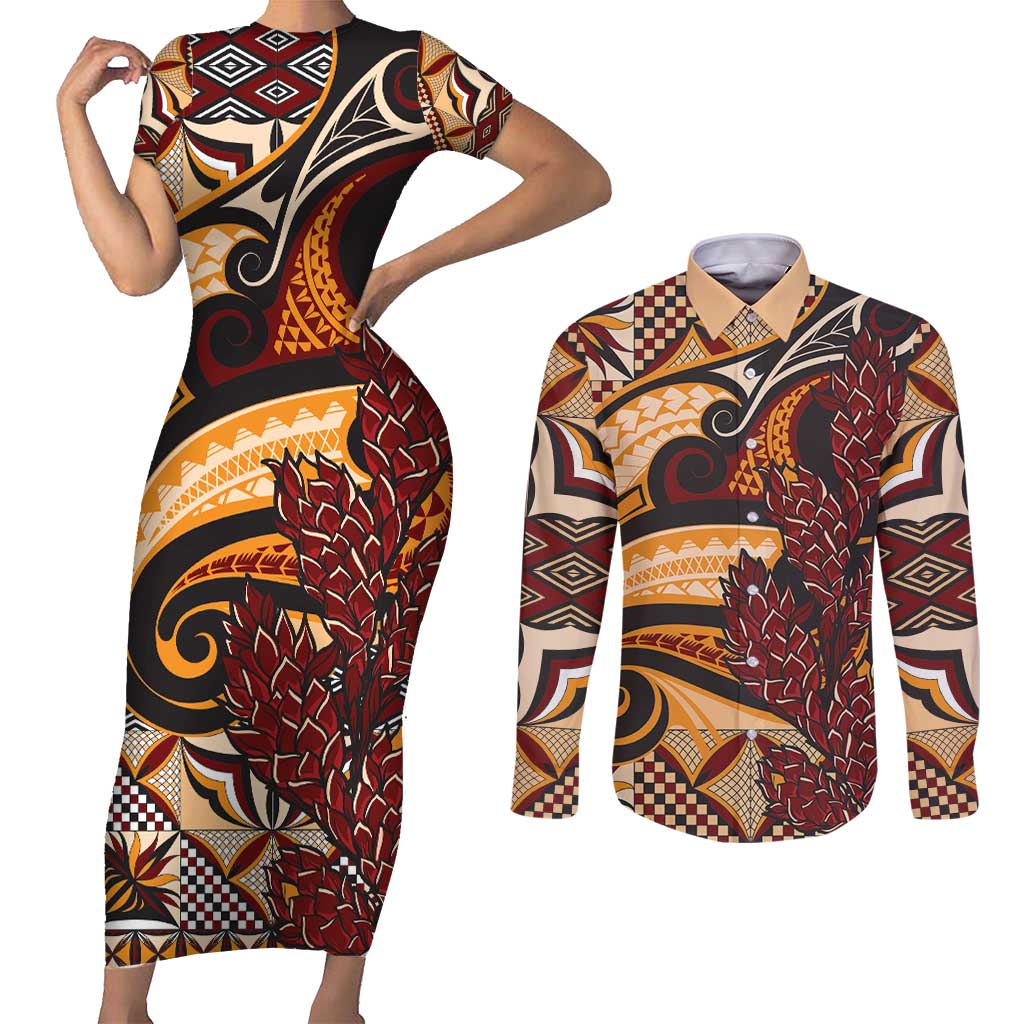Vintage Samoa Siapo Couples Matching Short Sleeve Bodycon Dress and Long Sleeve Button Shirt With Teuila Torch Ginger LT9 Art - Polynesian Pride